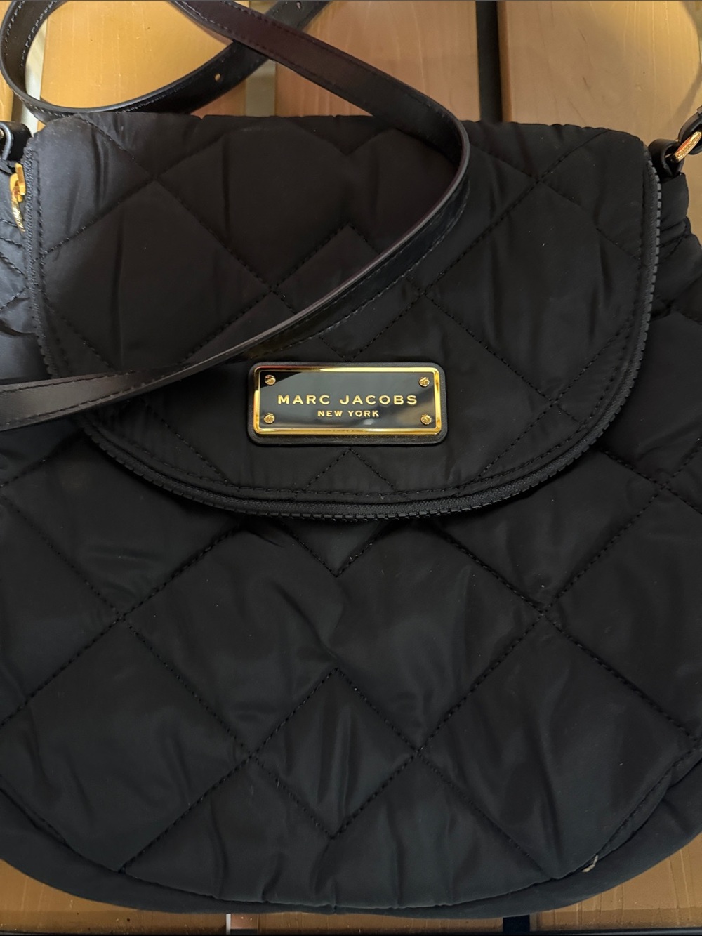 Marc Jacobs Black Quilted Crossbody with Gold Plaque